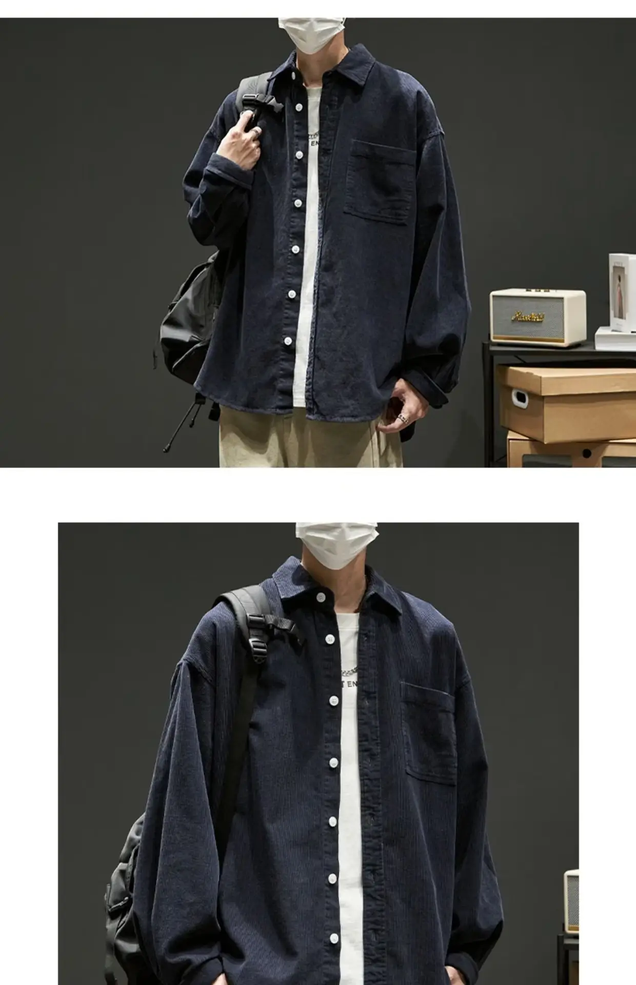 Men Navy Blue Long Sleeve Button Down Shirt Loose Fit — feature 4
