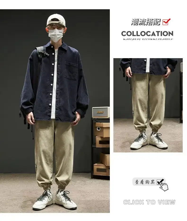 Men Navy Blue Long Sleeve Button Down Shirt Loose Fit — feature 5