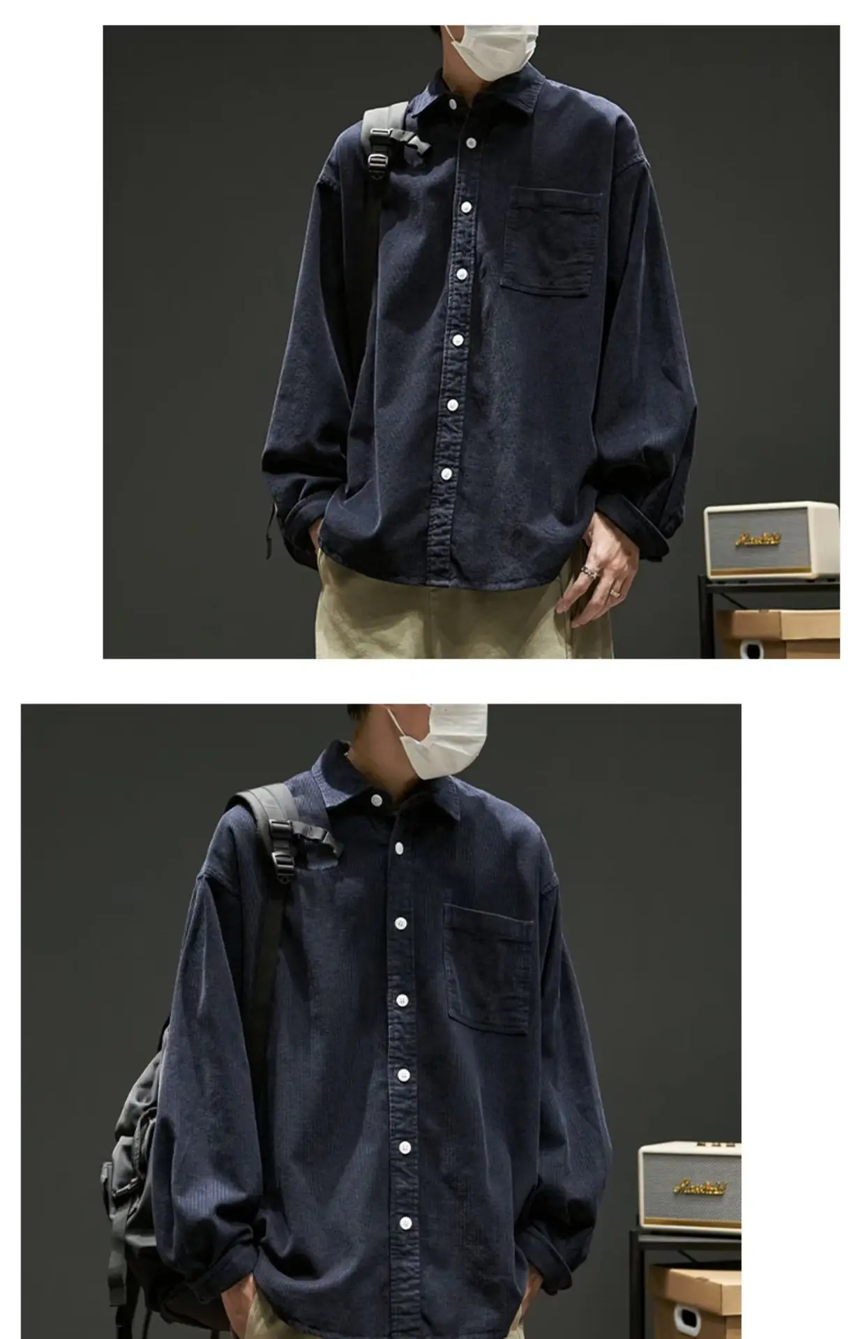 Men Navy Blue Long Sleeve Button Down Shirt Loose Fit — feature 6