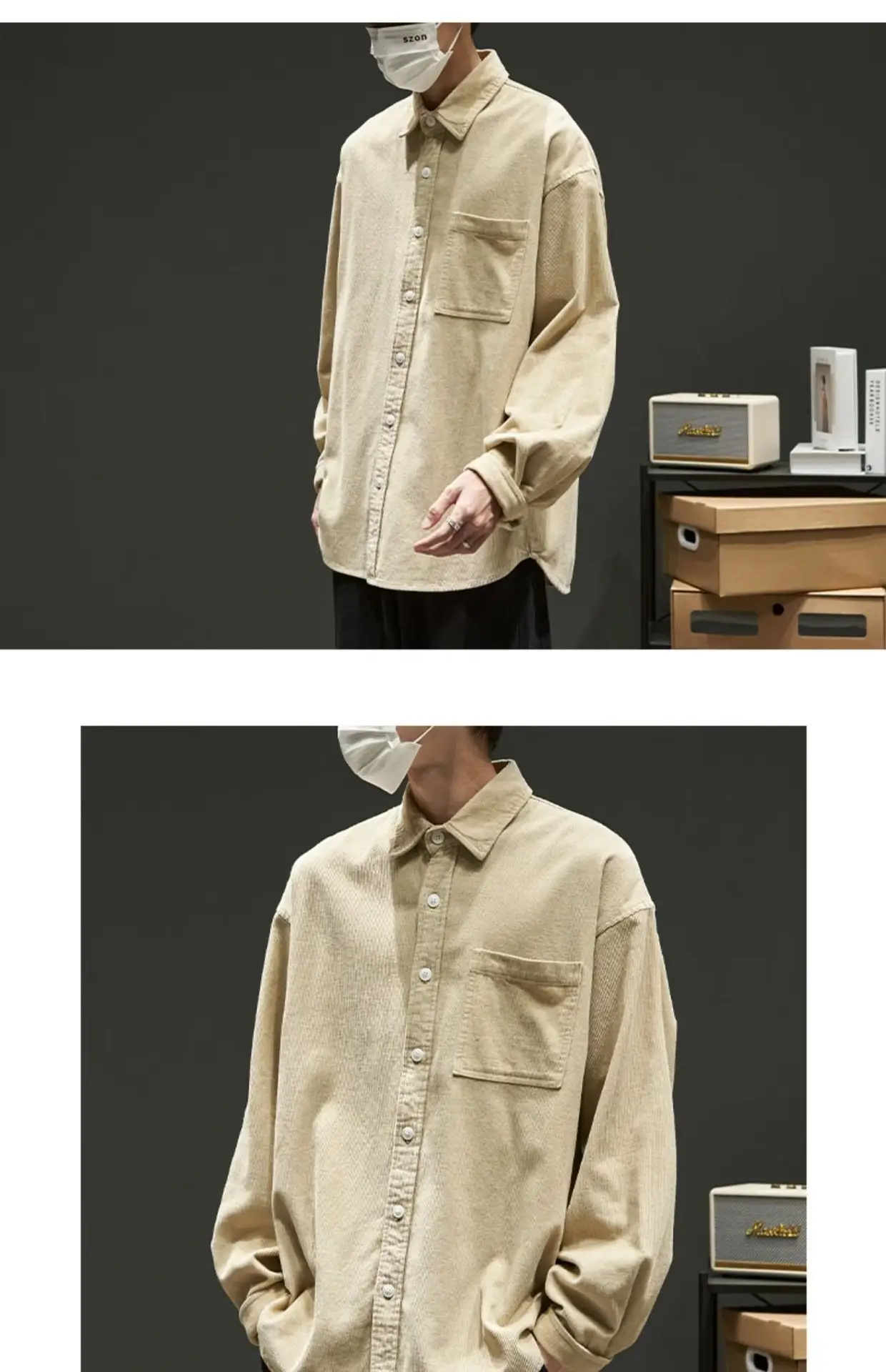 Men Navy Blue Long Sleeve Button Down Shirt Loose Fit — feature 7