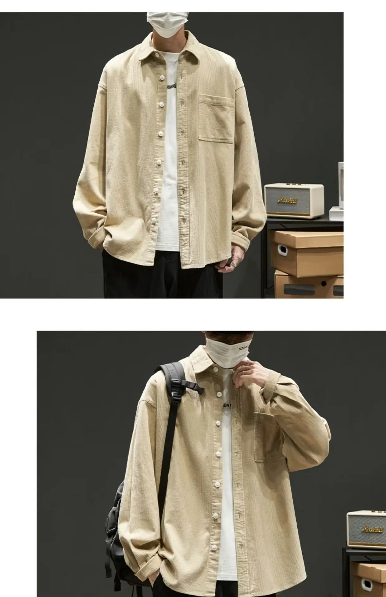 Men Navy Blue Long Sleeve Button Down Shirt Loose Fit — feature 9