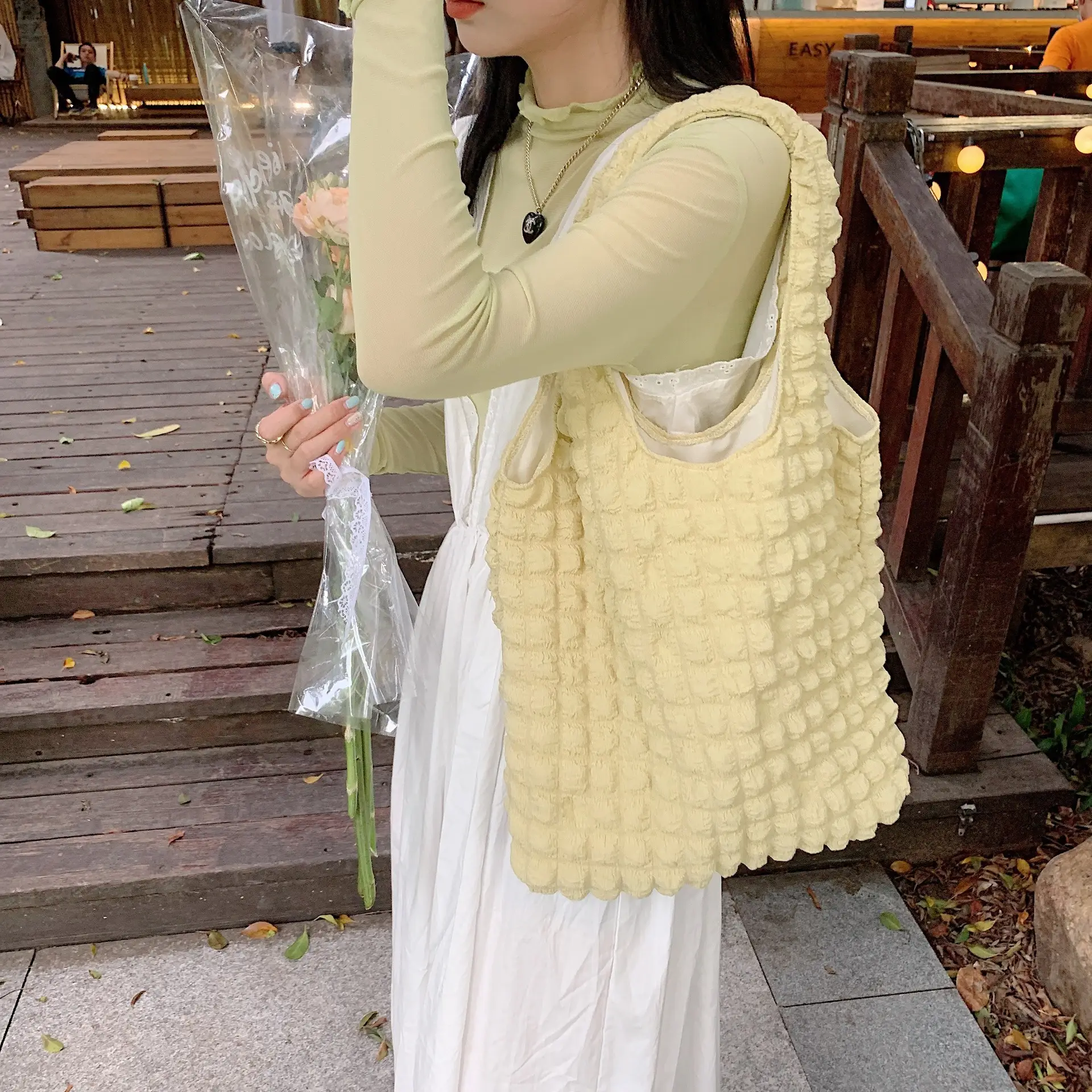 Women Bubble Fluffy Shoulder Bag Yellow - Image 4