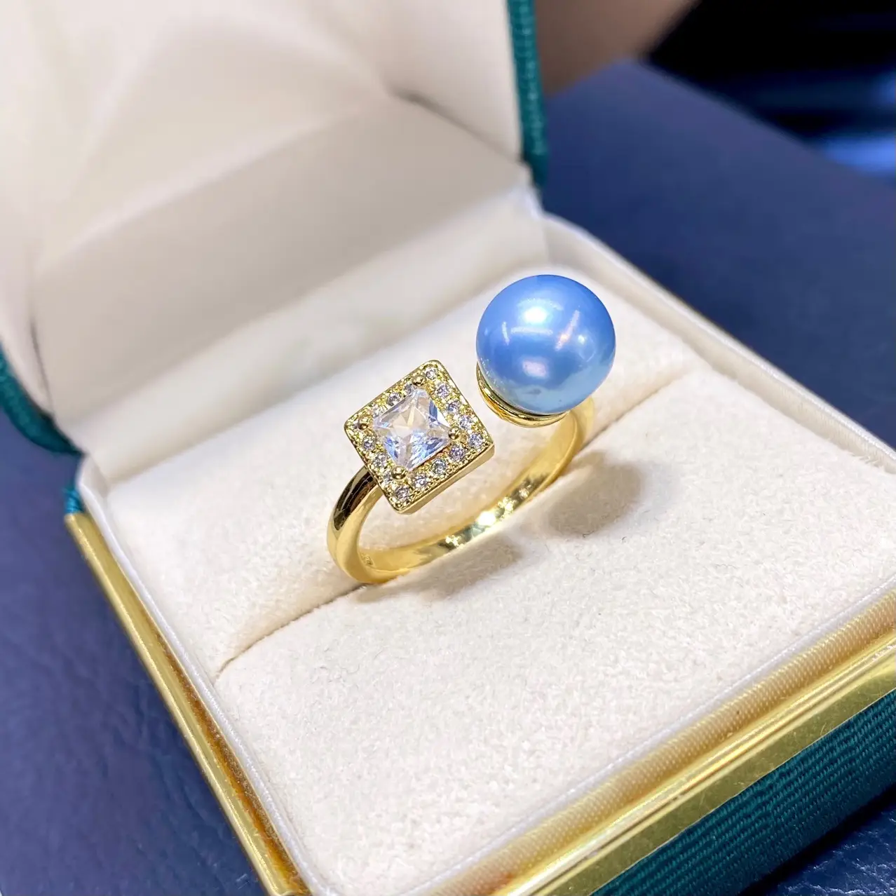 Adjustable Pearl Ring with Glacier Blue Stone - Image 2
