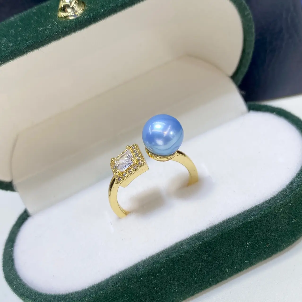 Adjustable Pearl Ring with Glacier Blue Stone — feature 7