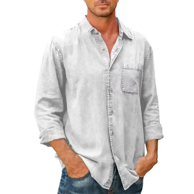 Men's 2024 Autumn Shirt Light Grey Lapel Pocket Single Breasted - Image 9