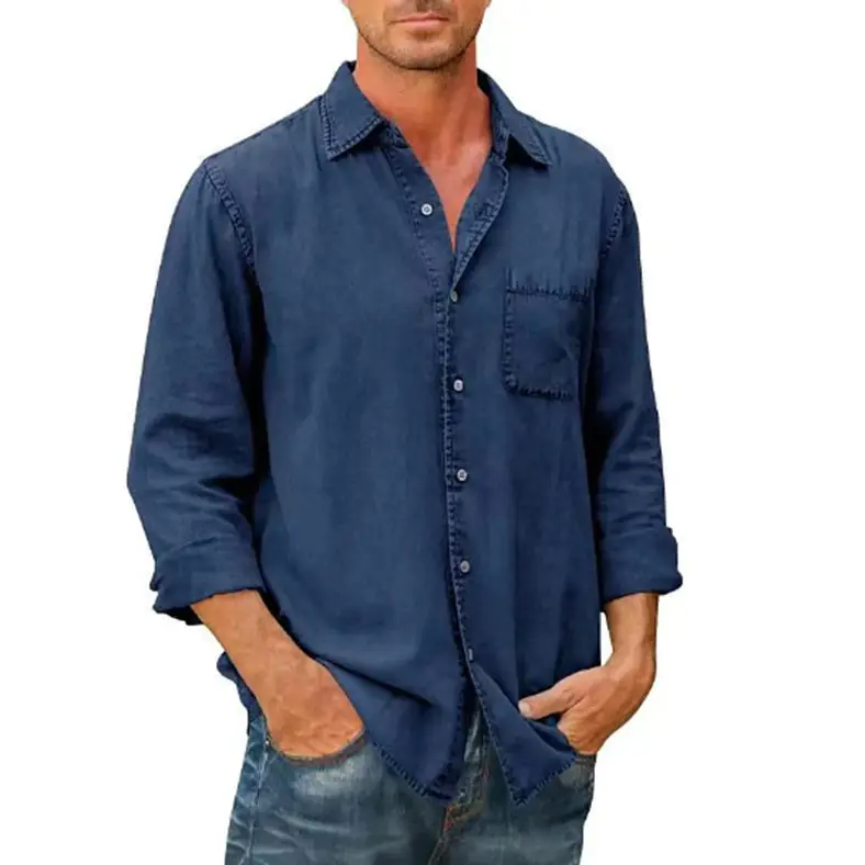 Men's 2024 Autumn Shirt Light Grey Lapel Pocket Single Breasted - Image 10