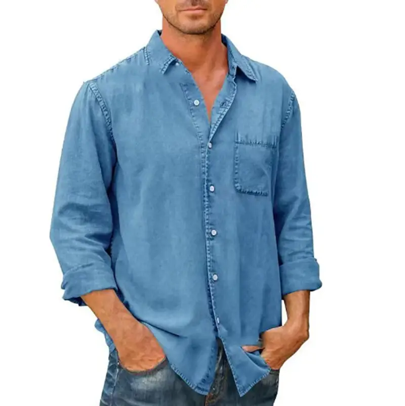 Men's 2024 Autumn Shirt Light Grey Lapel Pocket Single Breasted - Image 3