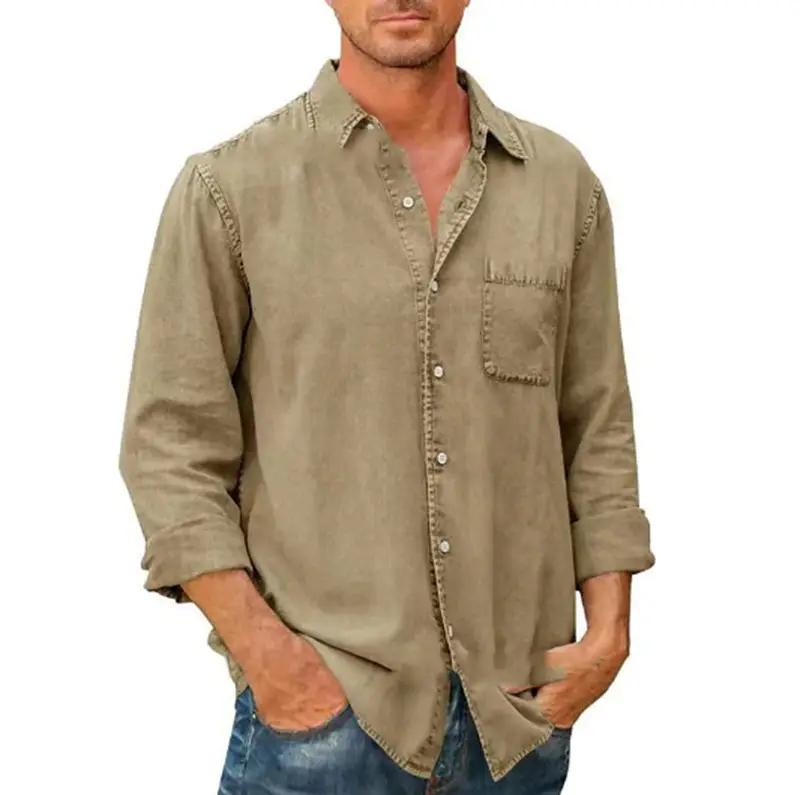 Men's 2024 Autumn Shirt Light Grey Lapel Pocket Single Breasted - Image 5