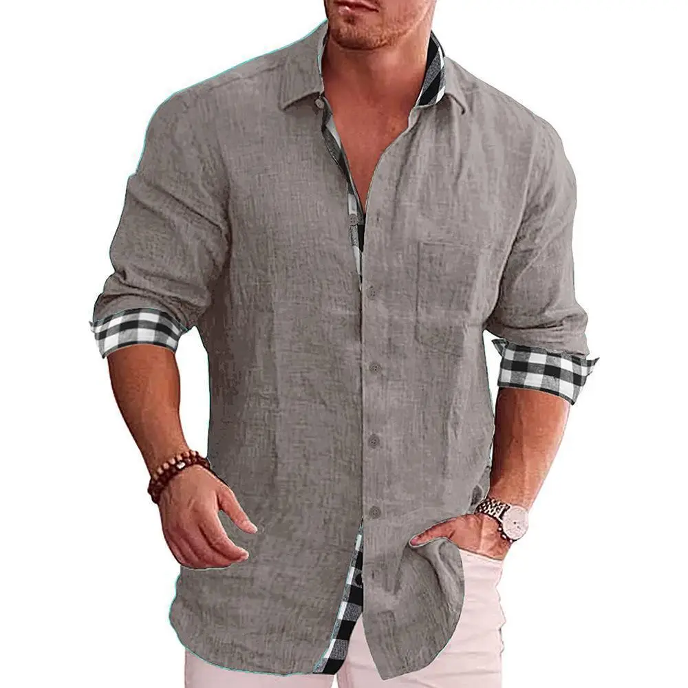 Men's Blue Long Sleeve Cotton Linen Shirt 2023 - Image 14