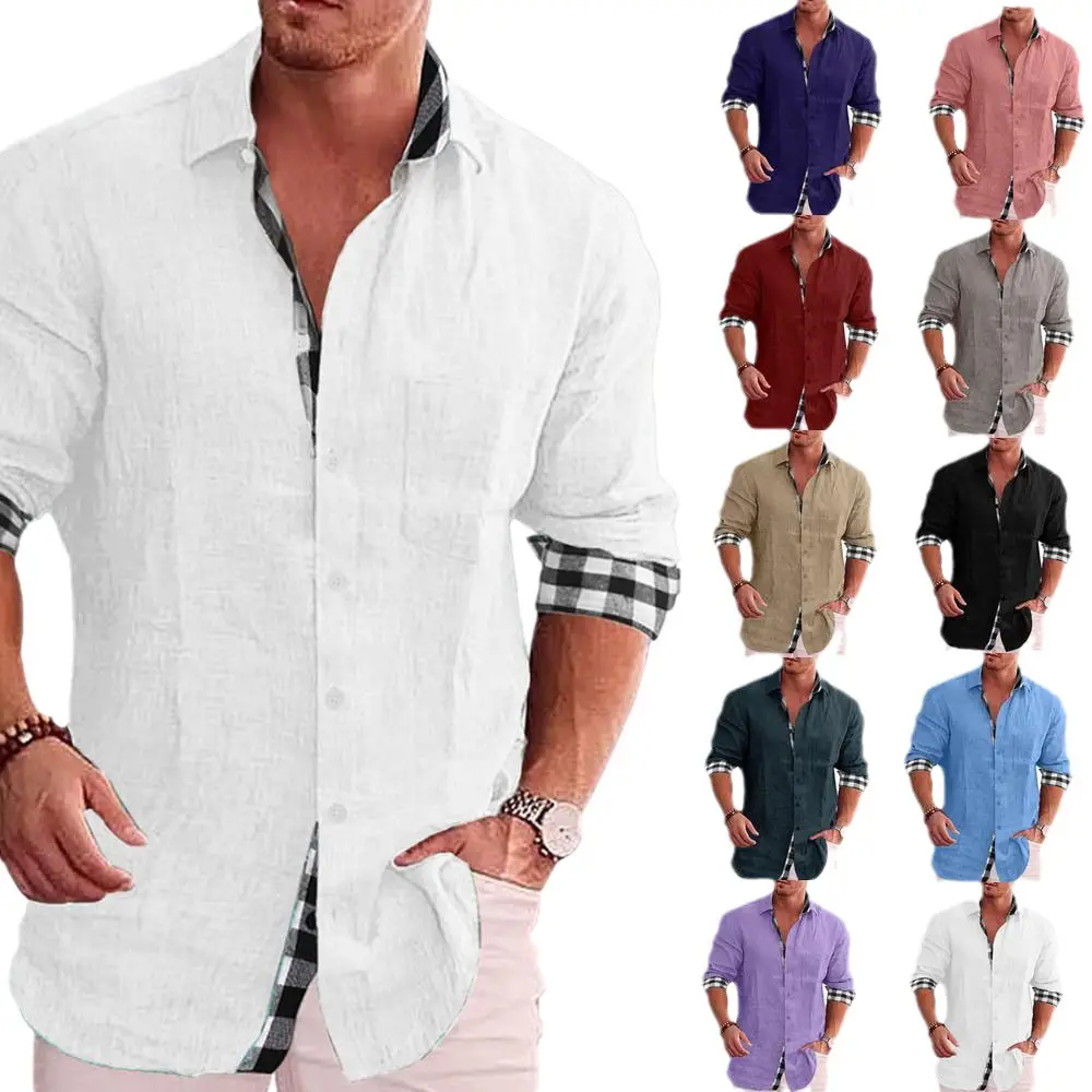 Men's Blue Long Sleeve Cotton Linen Shirt 2023 - Image 15