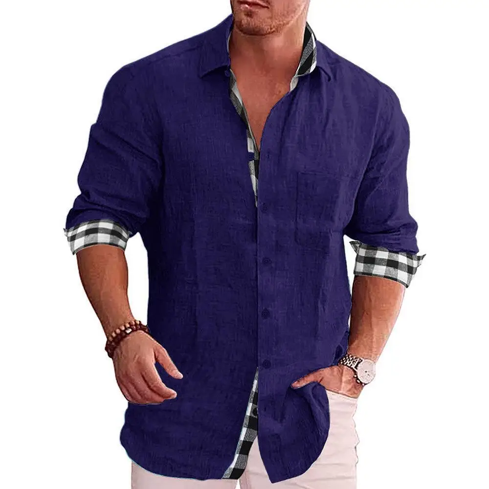 Men's Blue Long Sleeve Cotton Linen Shirt 2023 - Image 10