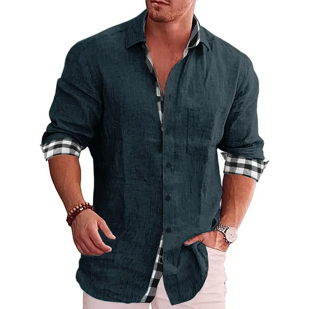 Men's Blue Long Sleeve Cotton Linen Shirt 2023 - Image 2