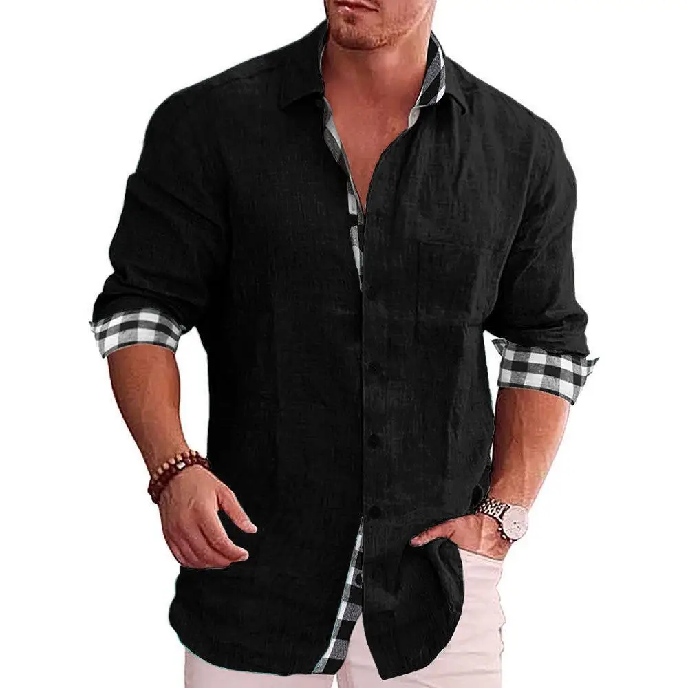 Men's Blue Long Sleeve Cotton Linen Shirt 2023 - Image 4