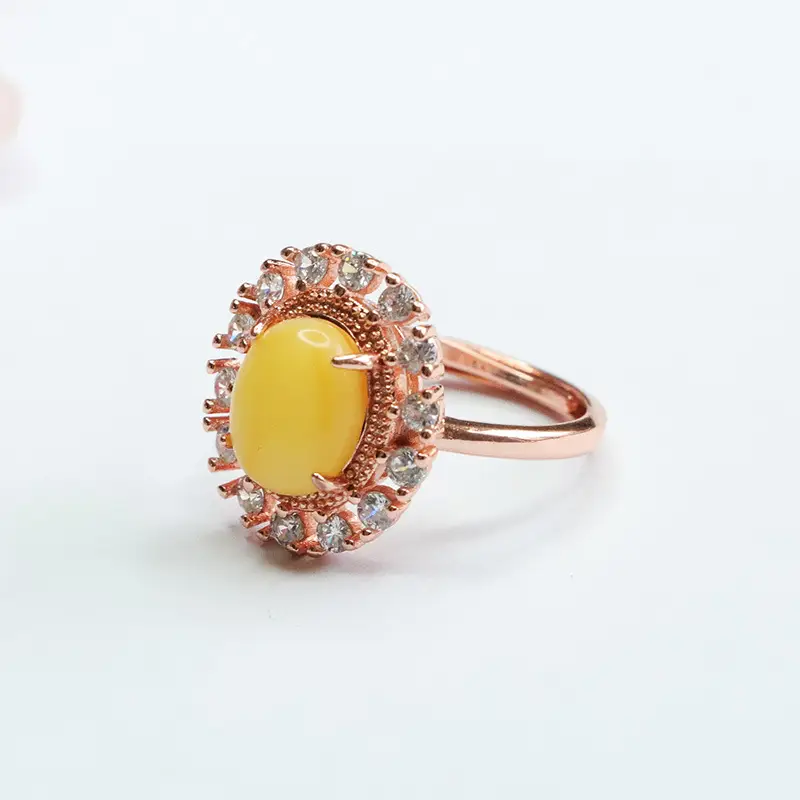 Guan Yu Yellow Amber Ring with Rose Gold Design - Image 2