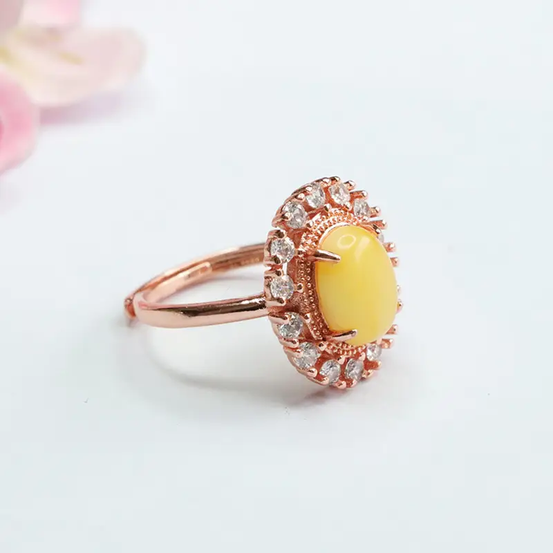 Guan Yu Yellow Amber Ring with Rose Gold Design - Image 3