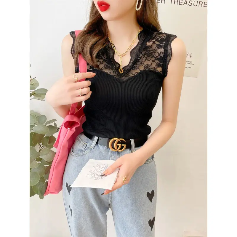 Black Lace Sleeveless Camisole Women Korean Style Slim Fit