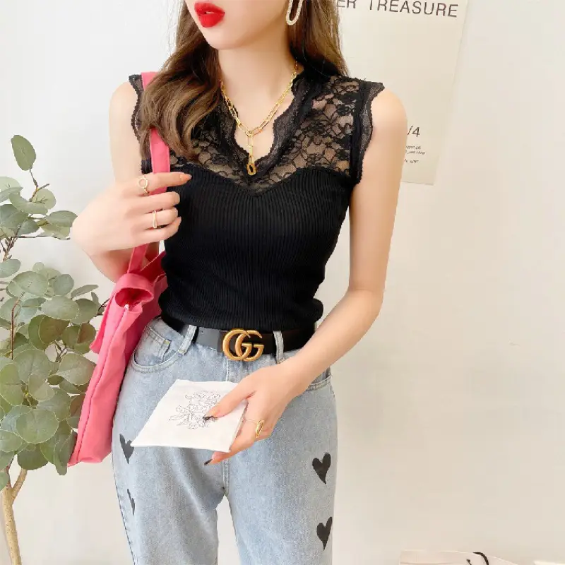 Black Lace Sleeveless Camisole Women Korean Style Slim Fit