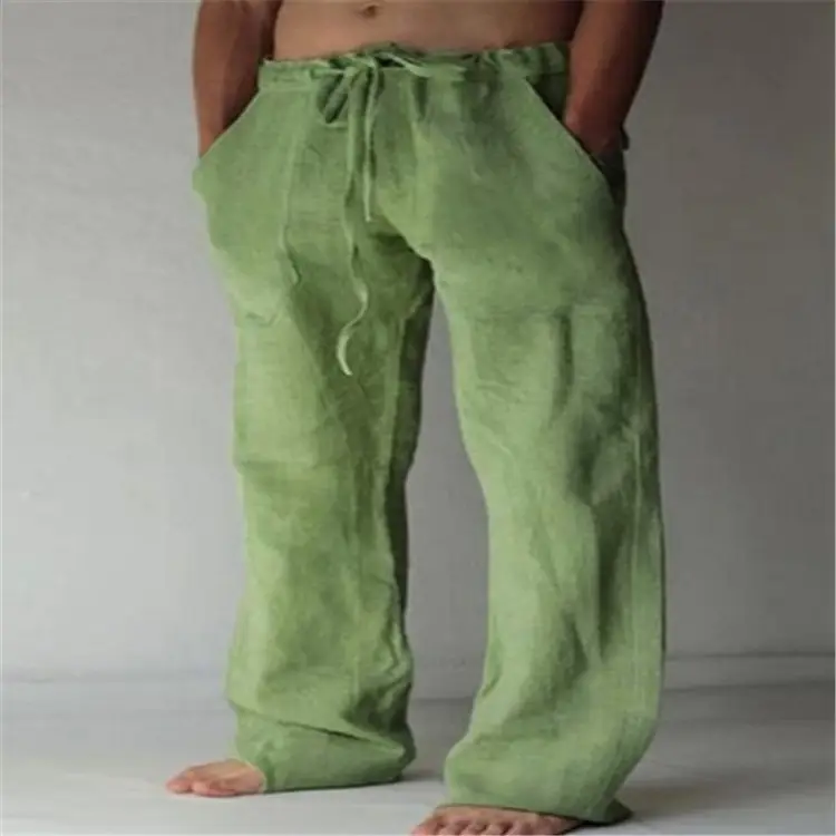 Men Drawstring Loose Pants Black Cotton Linen - Image 15