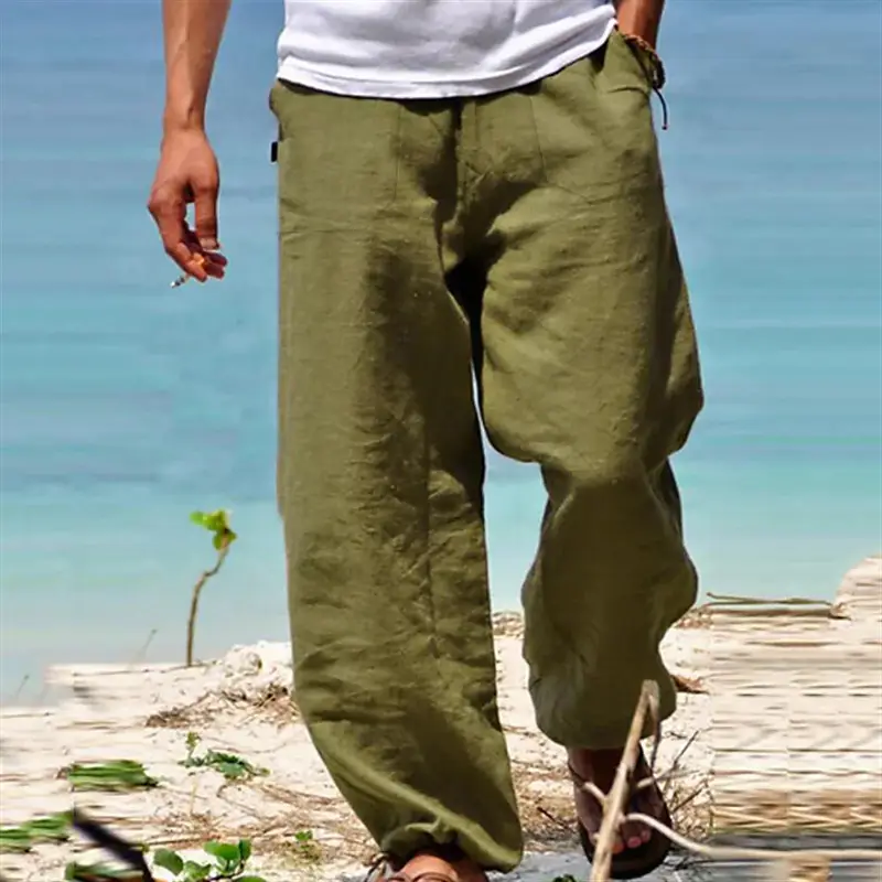 Men Drawstring Loose Pants Black Cotton Linen - Image 16