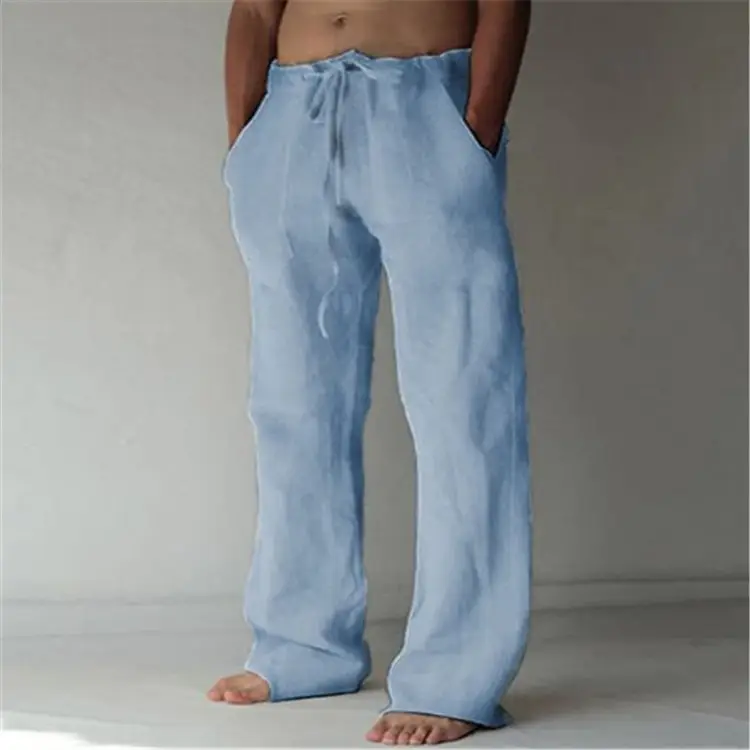 Men Drawstring Loose Pants Black Cotton Linen - Image 17