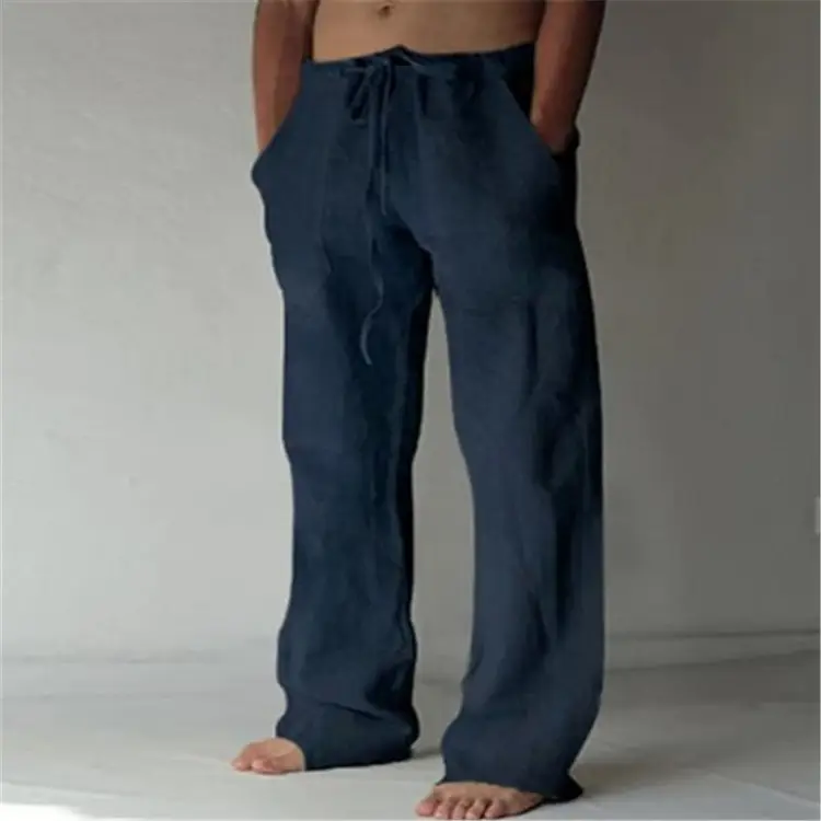 Men Drawstring Loose Pants Black Cotton Linen — feature 10
