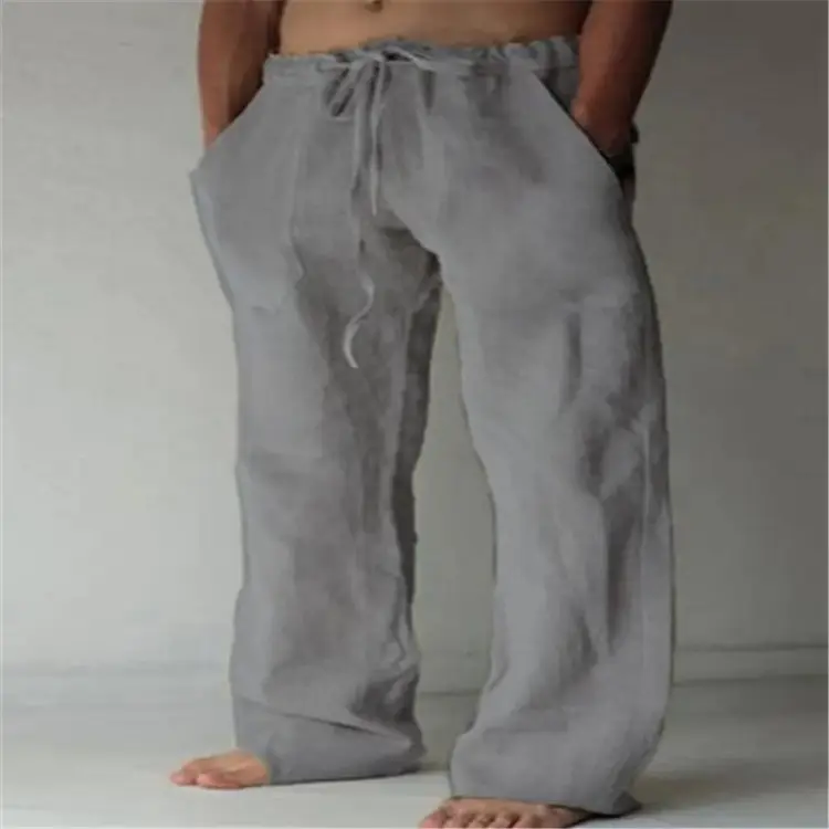 Men Drawstring Loose Pants Black Cotton Linen — feature 13