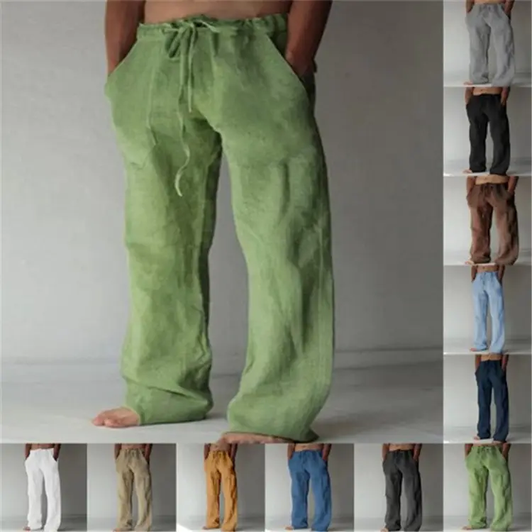 Men Drawstring Loose Pants Black Cotton Linen — feature 2