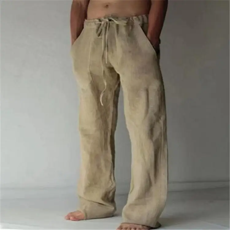Men Drawstring Loose Pants Black Cotton Linen — feature 4