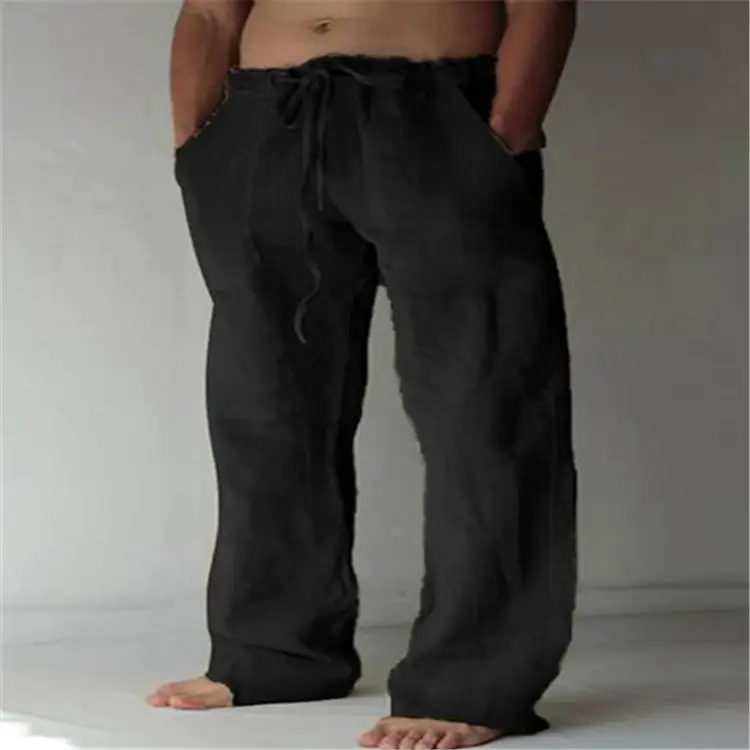 Men Drawstring Loose Pants Black Cotton Linen — feature 8
