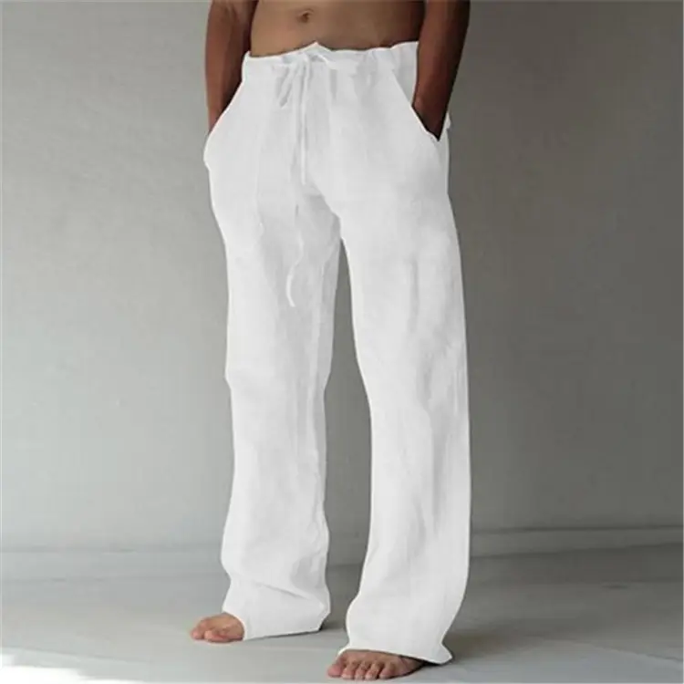 Men Drawstring Loose Pants Black Cotton Linen - Image 2
