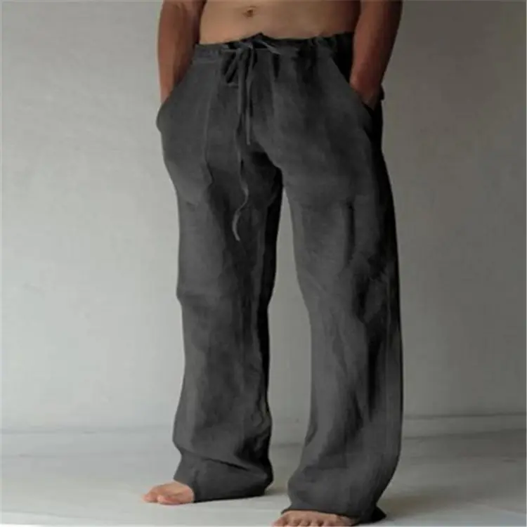 Men Drawstring Loose Pants Black Cotton Linen - Image 3