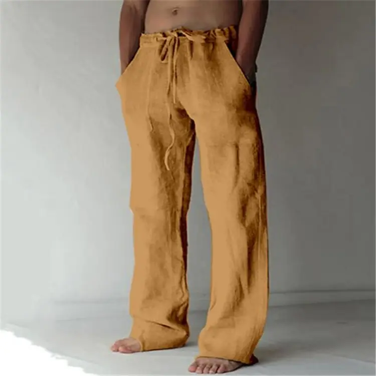 Men Drawstring Loose Pants Black Cotton Linen - Image 5
