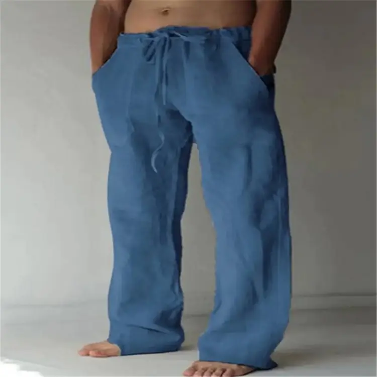 Men Drawstring Loose Pants Black Cotton Linen - Image 6
