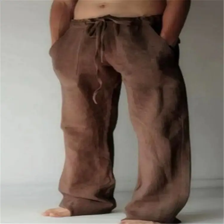 Men Drawstring Loose Pants Black Cotton Linen - Image 8