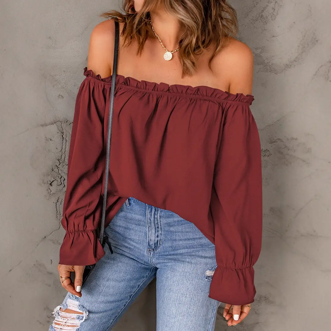Black Off-Shoulder Chiffon Turtleneck Top for Women - Image 7