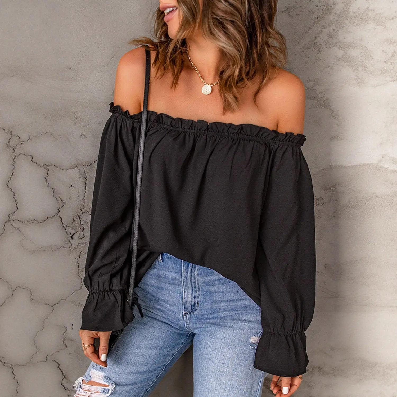 Black Off-Shoulder Chiffon Turtleneck Top for Women - Image 8