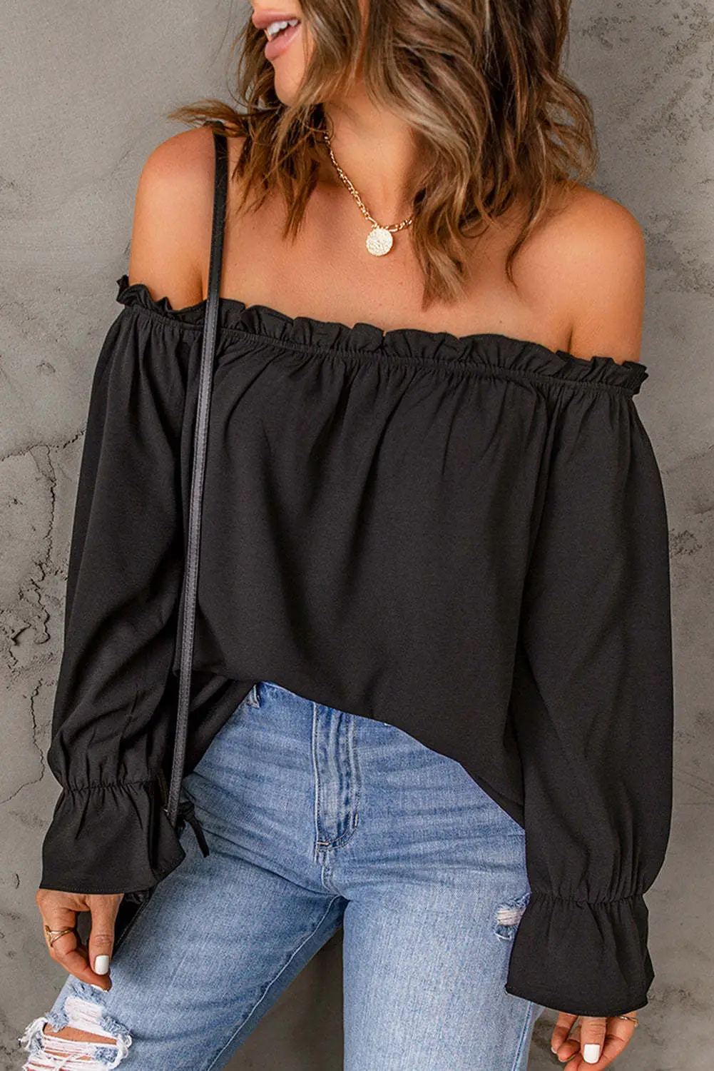 Black Off-Shoulder Chiffon Turtleneck Top for Women — feature 39