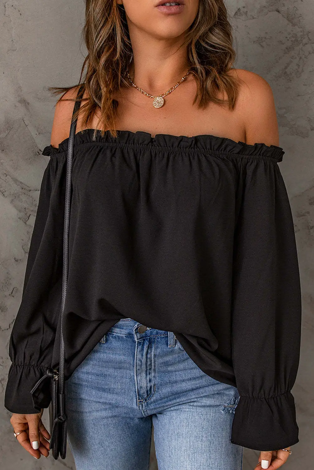 Black Off-Shoulder Chiffon Turtleneck Top for Women — feature 40