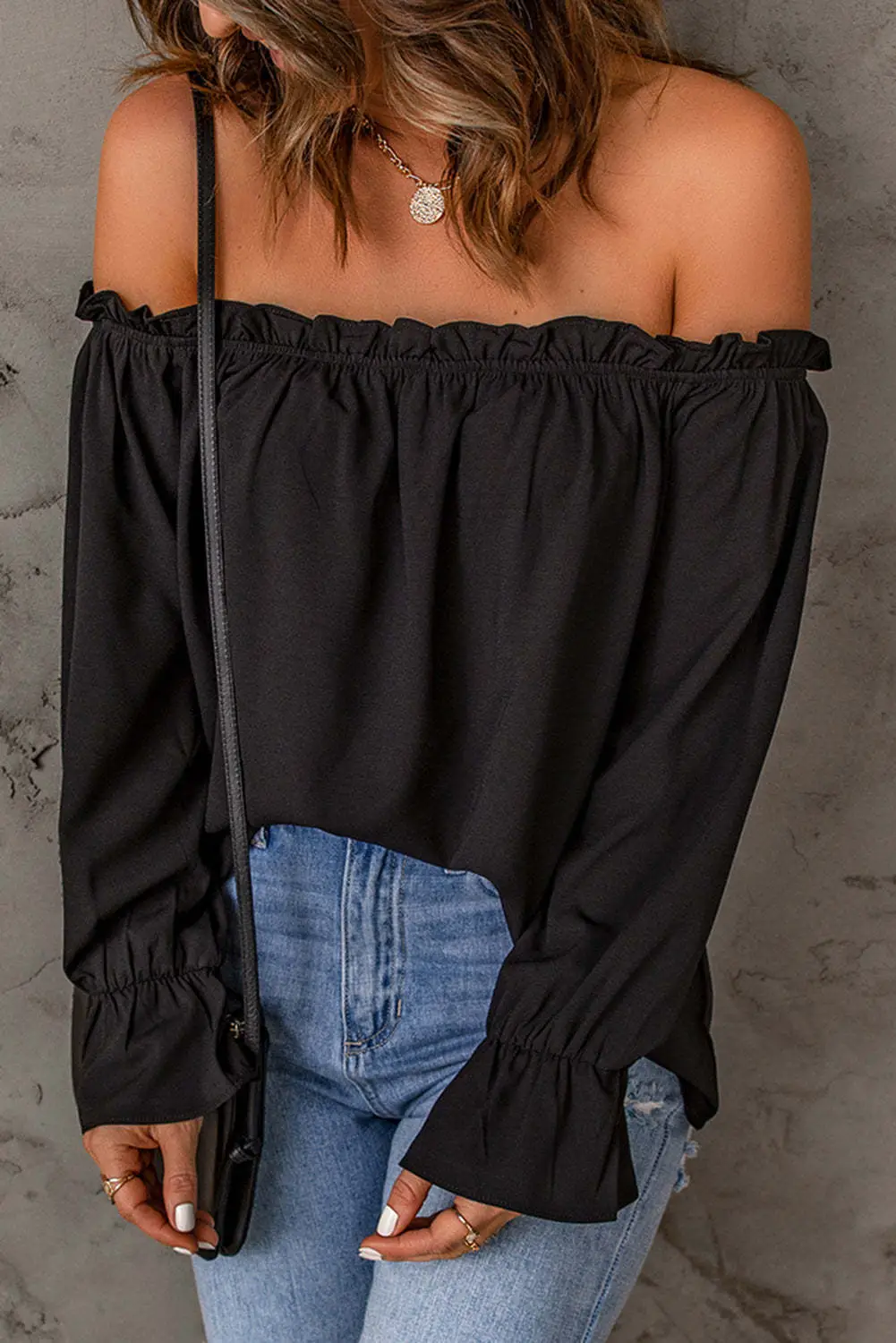Black Off-Shoulder Chiffon Turtleneck Top for Women — feature 41