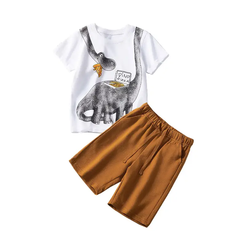 Boy T-Shirt Shorts Set with Elephant Print Brown Sweatpants - Image 2