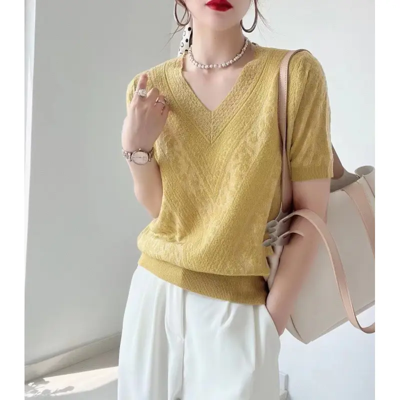 Women Ice Silk V-Neck T-Shirt Summer Loose Fit