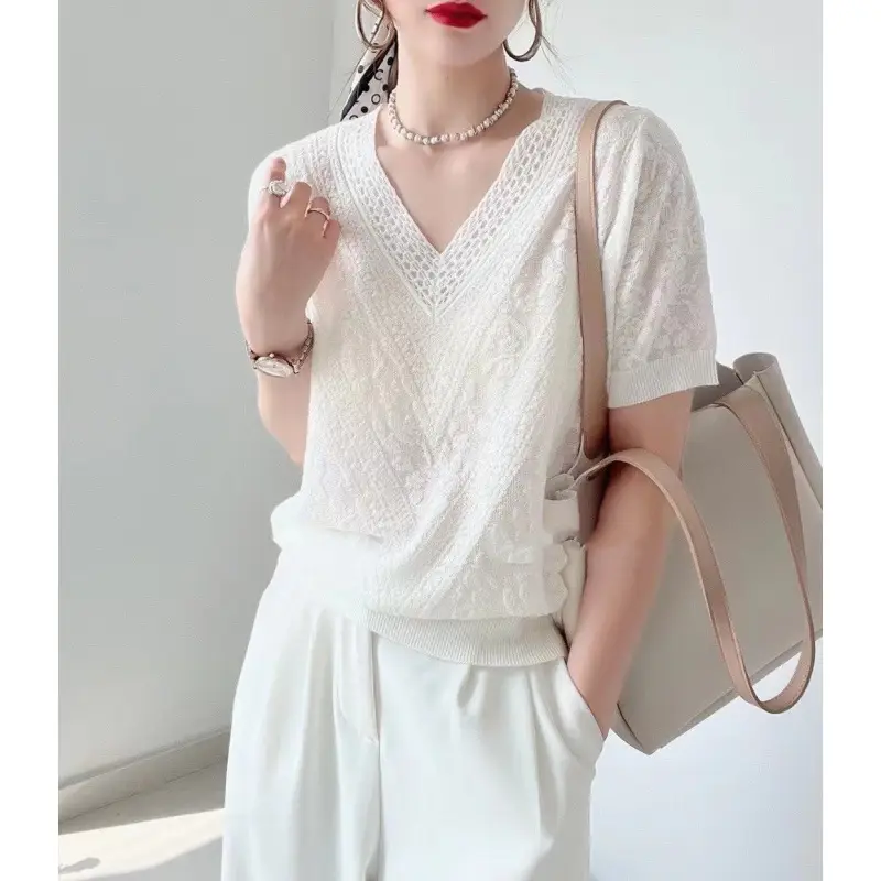 Women Ice Silk V-Neck T-Shirt Summer Loose Fit