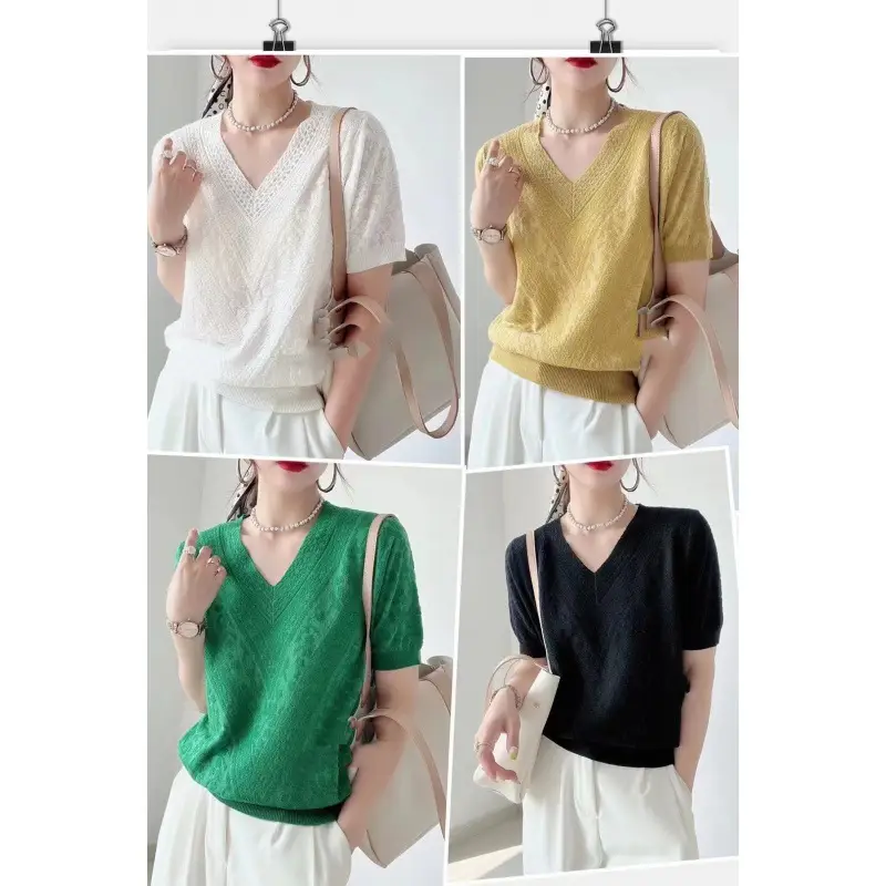 Women Ice Silk V-Neck T-Shirt Summer Loose Fit