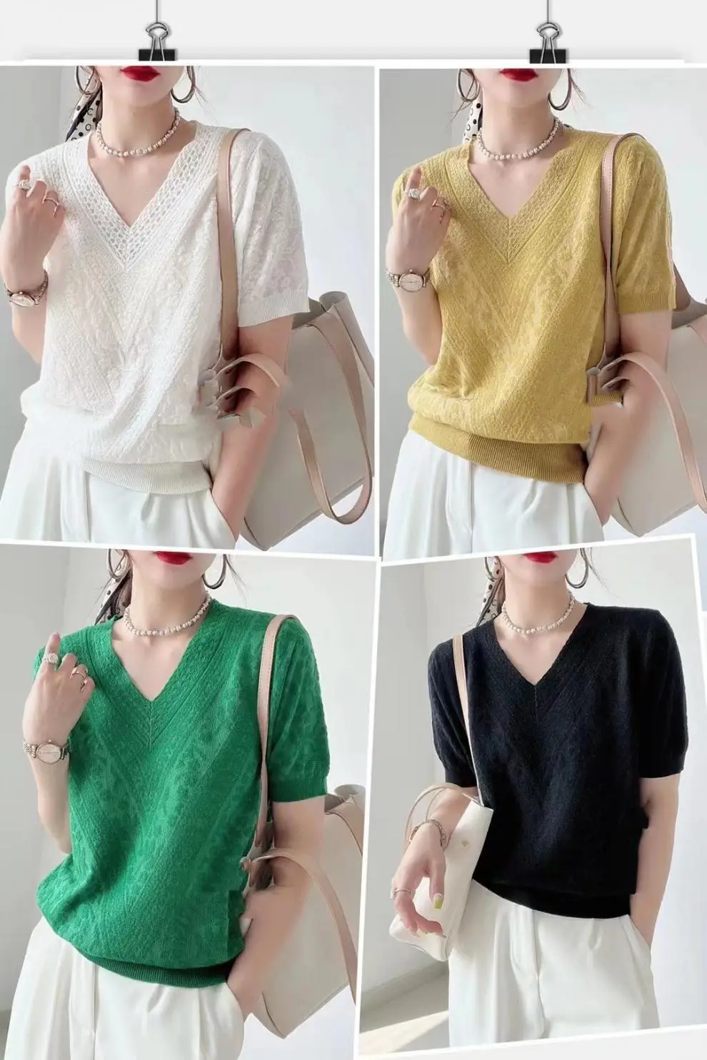 Women Ice Silk V-Neck T-Shirt Summer Loose Fit — feature 5