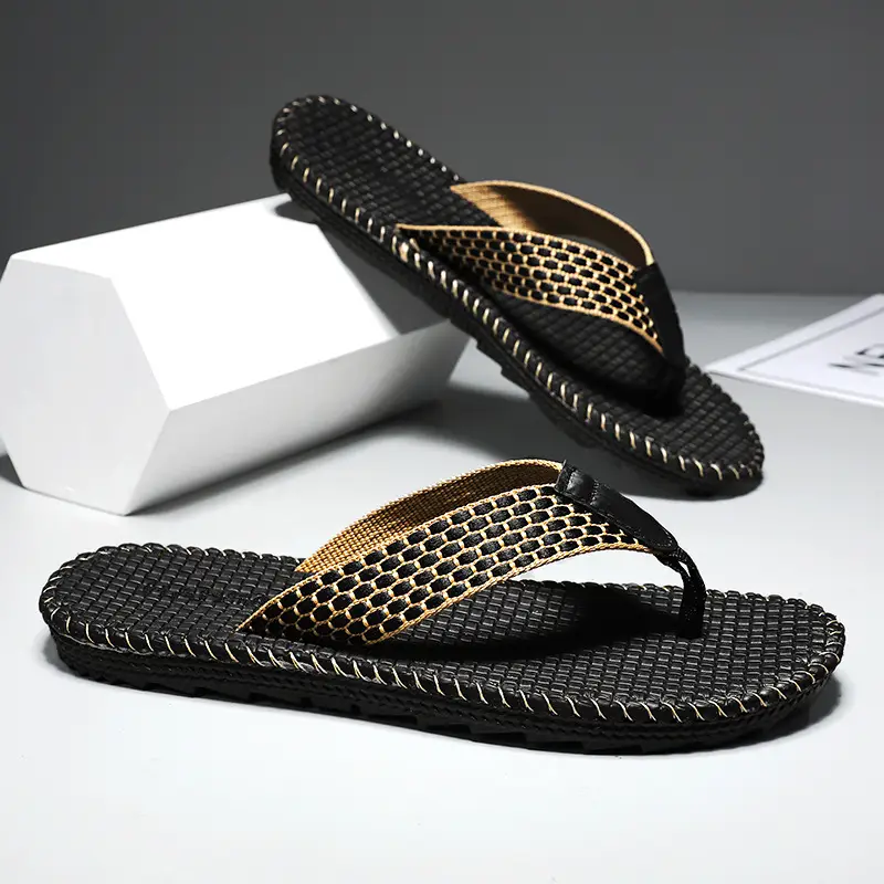Men's Black Woven Thai Flip-Flops Bamboo Rattan Sandals