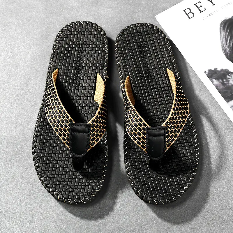 Men's Black Woven Thai Flip-Flops Bamboo Rattan Sandals