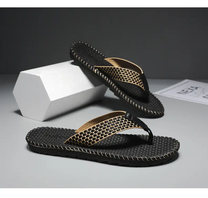 Men's Black Woven Thai Flip-Flops Bamboo Rattan Sandals — feature 17