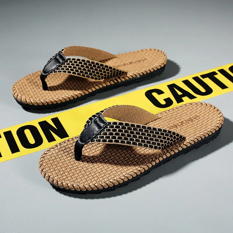 Men's Black Woven Thai Flip-Flops Bamboo Rattan Sandals