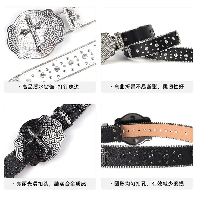 Men Women Rhinestone Belt Western Denim Diamond Design Leather Belt - Image 7