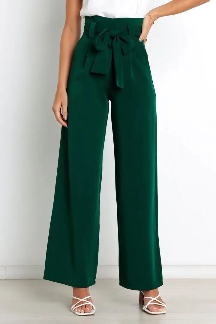 Wide Leg Pants with Bow Tie for Women Green - Image 3